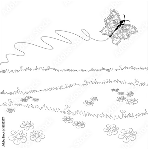 Farfalla sul prato - Immagine in bianco e nero da colorare