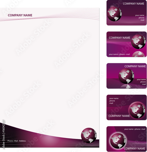 Set of five purple business cards and stationery sheet.