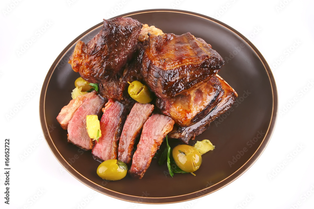 juice roast rib's close up and olives juice roast rib's close up and olives