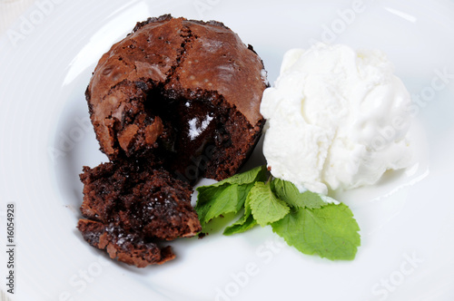Cake and ice-cream on a white plate
