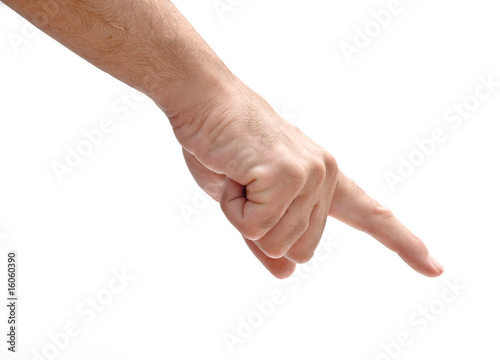 Hand pointing down isolated on wite background photo