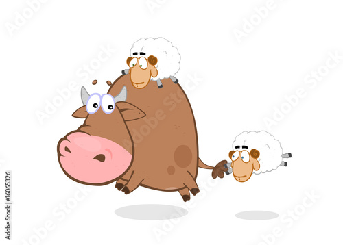 Plakaty dla dzieci  running-bull-with-sheep-on-his-back-tail
