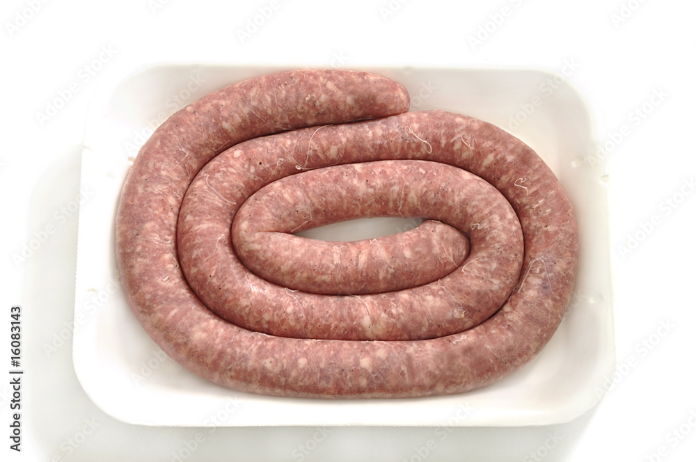 Raw sausage on white tray. Raw sausage on white tray.