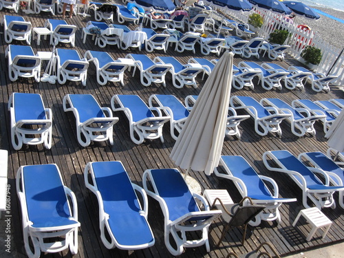 Sun beds on the beach in Nice, France