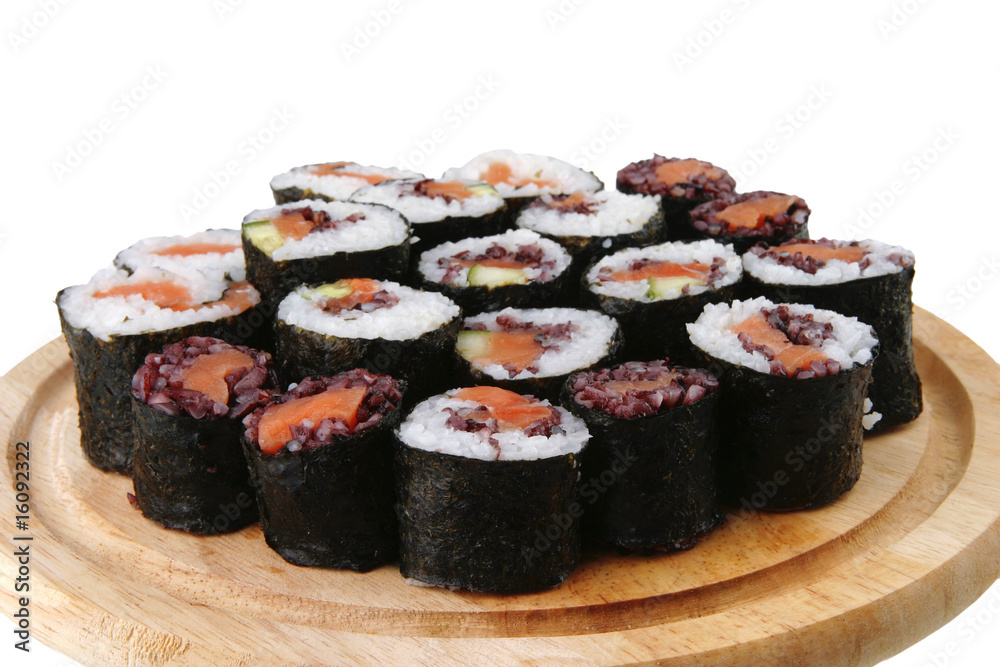 sushi on wooden plate sushi on wooden plate