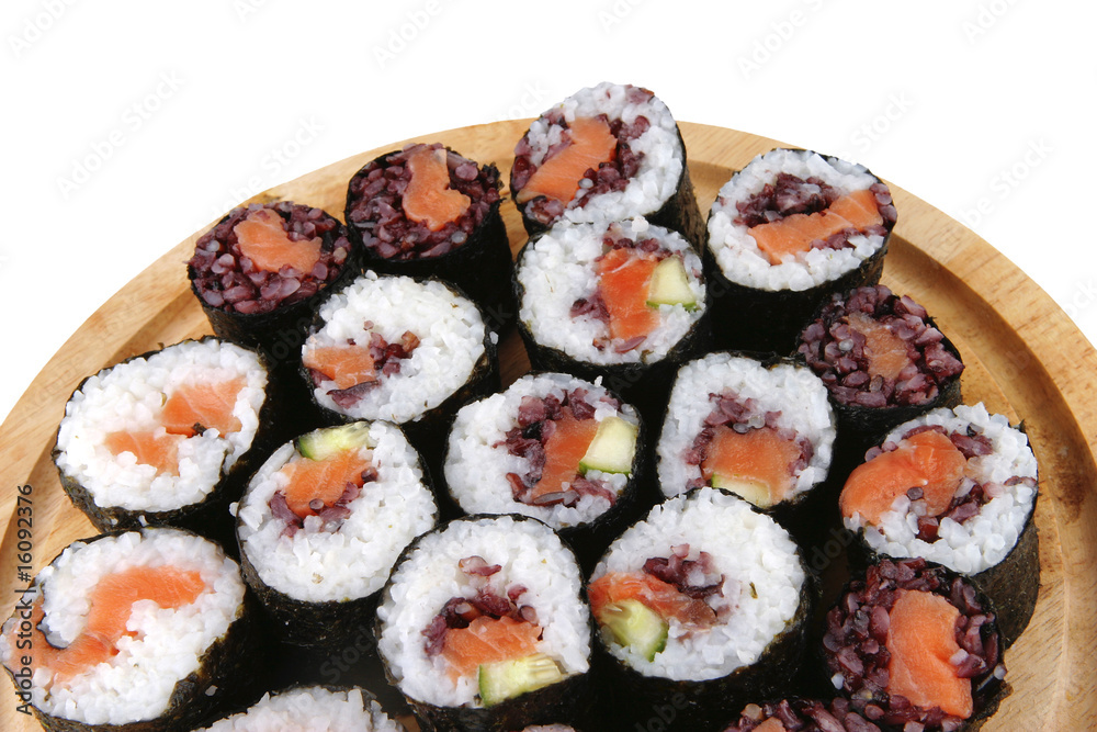 sushi on wooden plate
