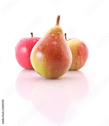 Red apple and yellow-green pear isolated on white background