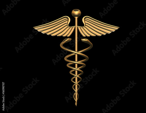 Medical caduceus sign in gold with clipping path in jpg file