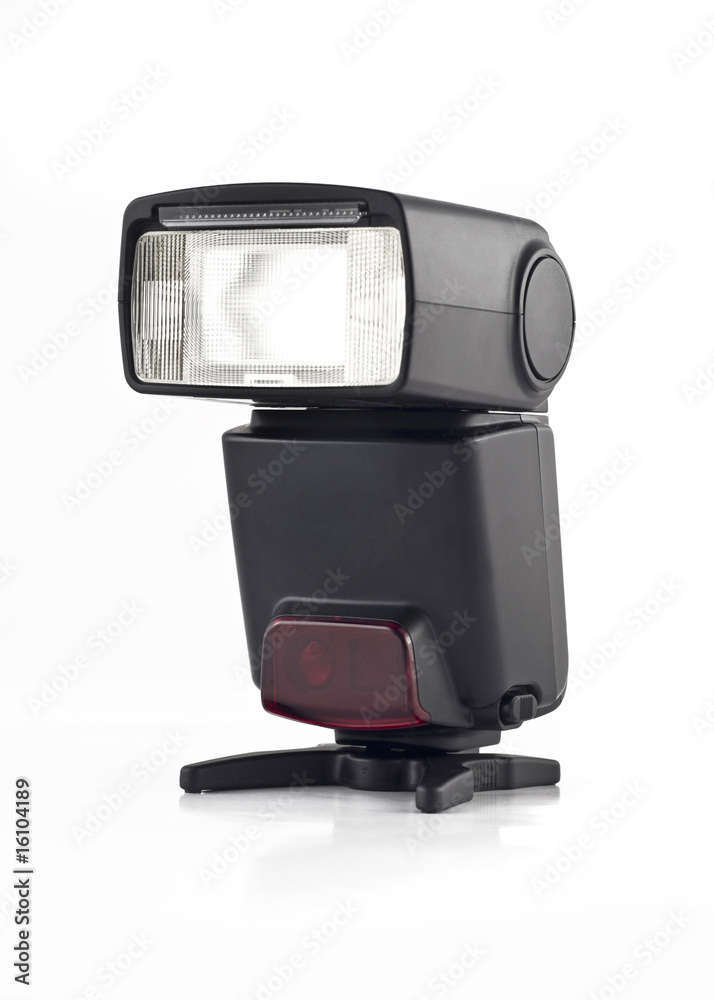 Professional Flash on stand for digital camera isolated Professional Flash on stand for digital camera isolated