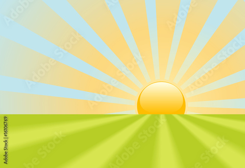 Bright yellow sunrise rays shine on earth scene