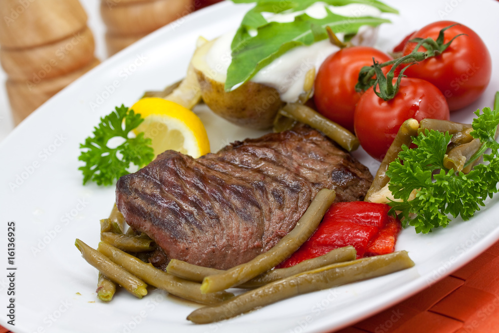 Sirloin Strip Steak with green beans,tomato,pepper