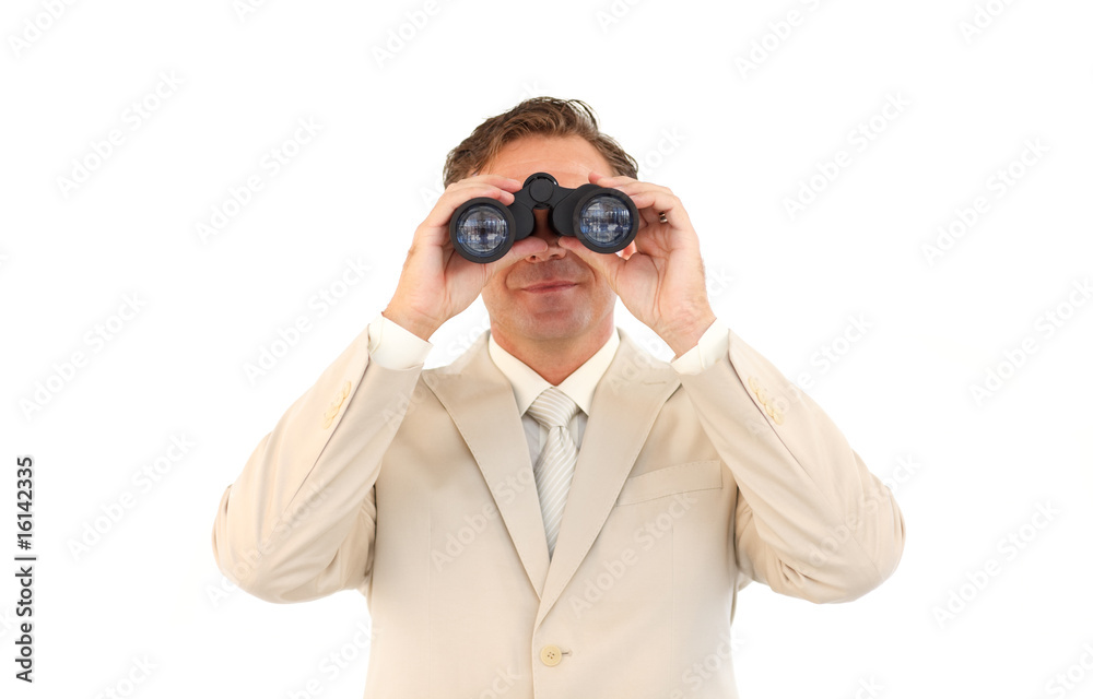Serious businessman using binoculars Serious businessman using binoculars