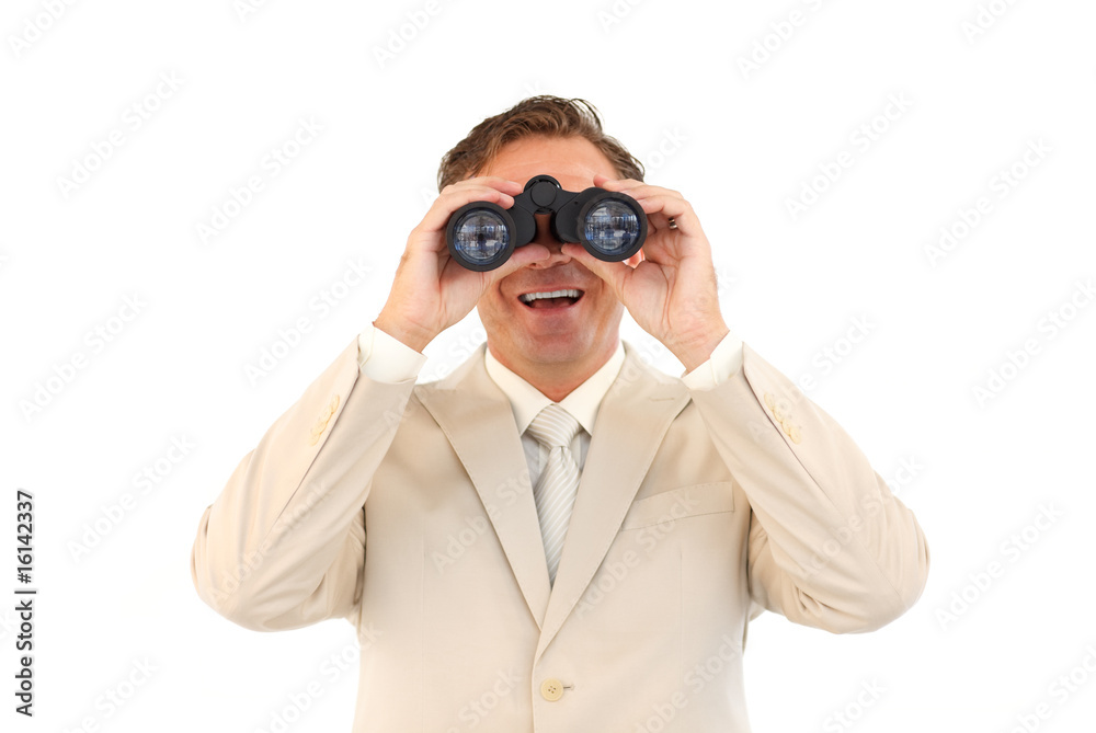 Smiling businessman looking through binoculars Smiling businessman looking through binoculars