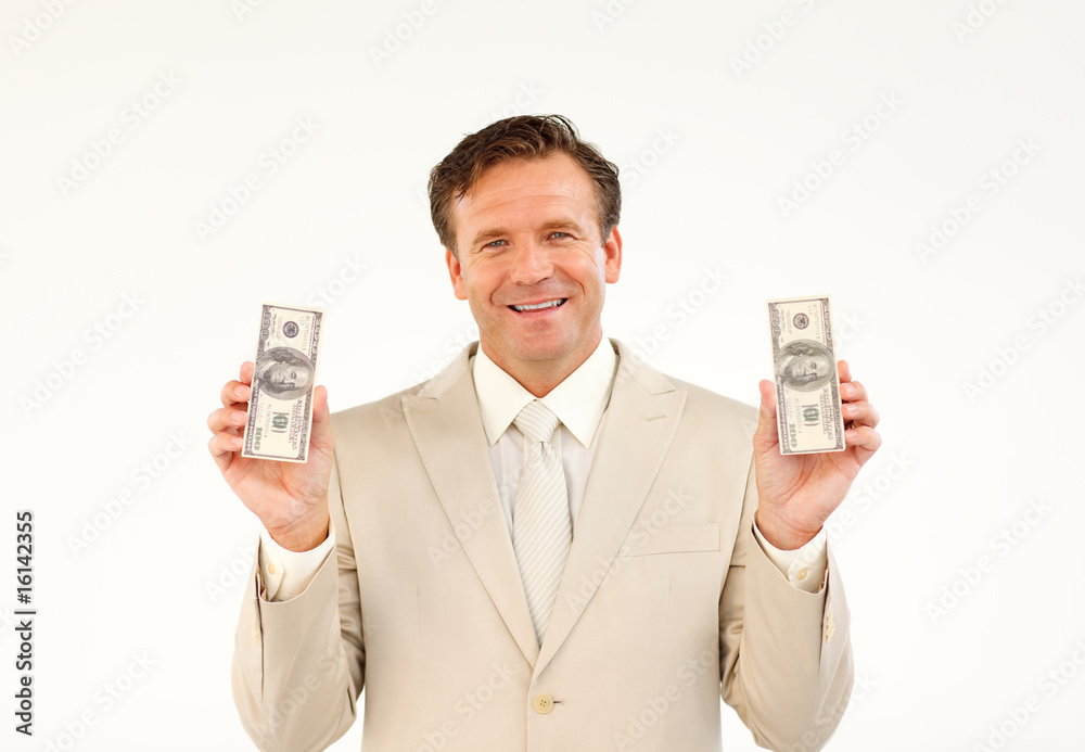 Serious businessman manager with dollars Serious businessman manager with dollars