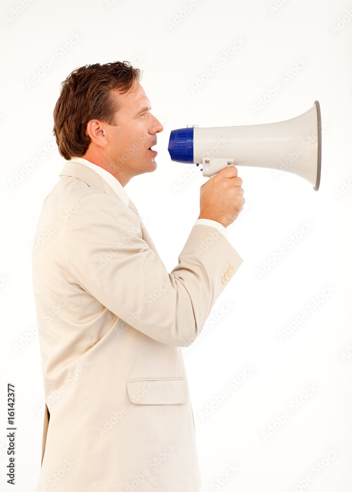 Senior businessman speaking through a megaphone Senior businessman speaking through a megaphone