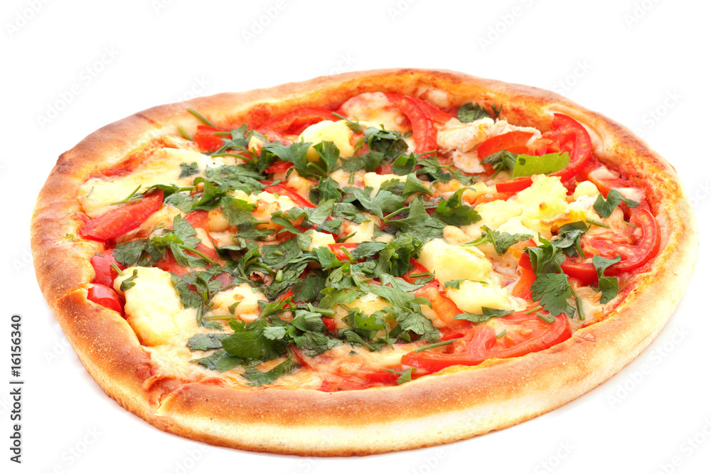 Tasty Italian pizza on white