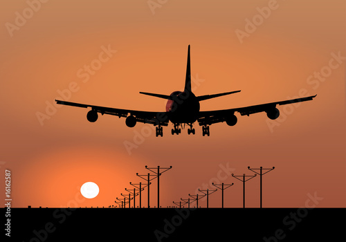 Jumbo Jet Sunset Landing Vector