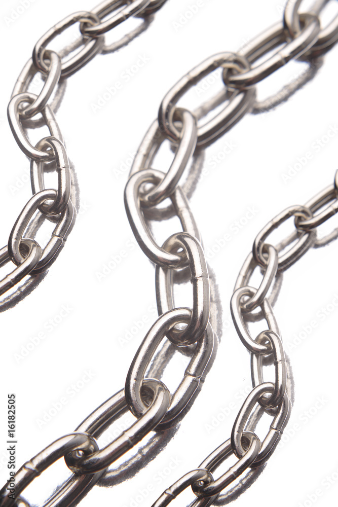 Obraz premium Three steel chains over white background