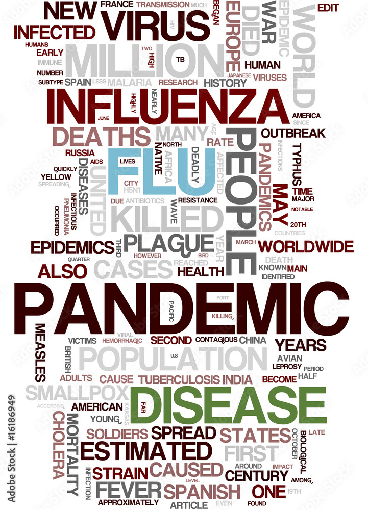 Flu Pandemic (Spanish Flu, Sars, Coronavirus or Covid-19) word cloud - an epidemic of an influenza virus that spreads on a worldwide scale and infects a large proportion of the world population Flu Pandemic (Spanish Flu, Sars, Coronavirus or Covid-19) word cloud - an epidemic of an influenza virus that spreads on a worldwide scale and infects a large proportion of the world population