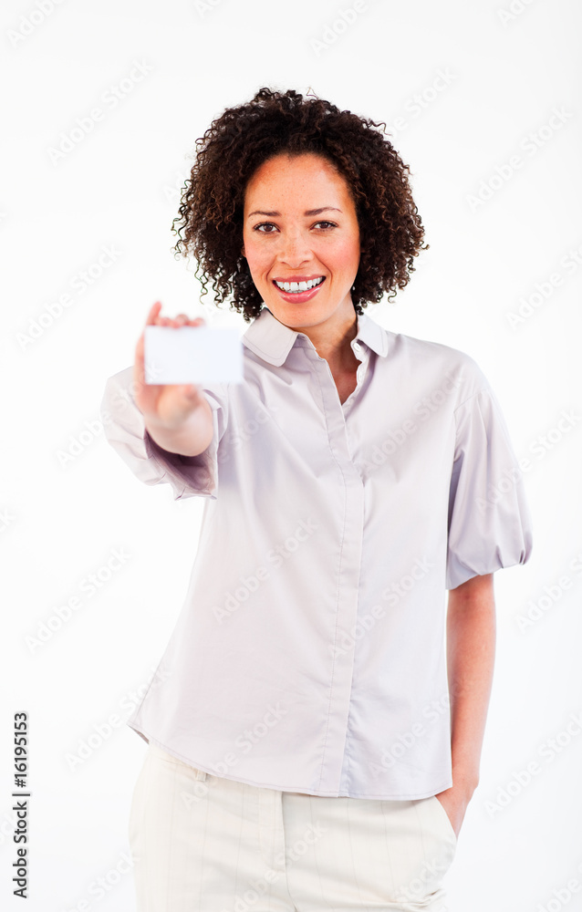 Smiling businesswoman holding white businesscard Smiling businesswoman holding white businesscard