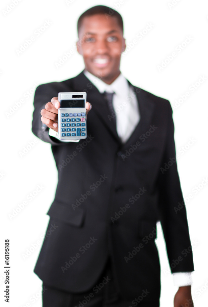 Handsome businessman holding a calculator Handsome businessman holding a calculator
