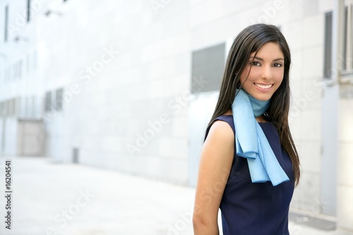 Beautiful stewardess walking to convention center photo