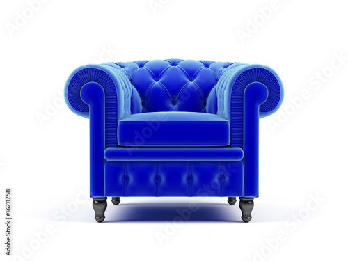 Blue velvet soft chair isolated on white background. 3d rendering