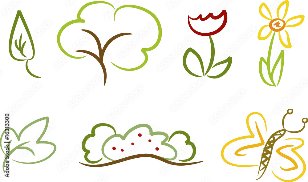 Clipart-Set (Natur): Baum, Blume, Schmetterling, Blatt ... Clipart-Set (Natur): Baum, Blume, Schmetterling, Blatt ...