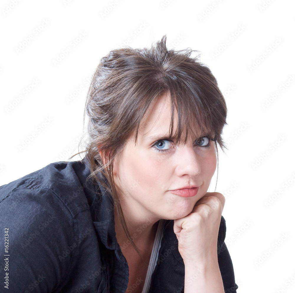 Young woman with head on her fist; head and shoulders Young woman with head on her fist; head and shoulders