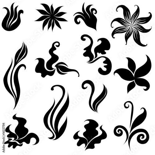 Set of black flower design elements