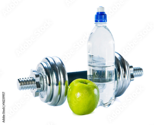 Bottle of mineral water, dumbbells  and green apple © utflytter