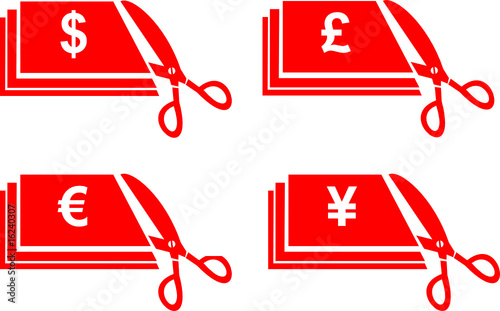 Scissors cutting money dollar, pound,euro and yen currency