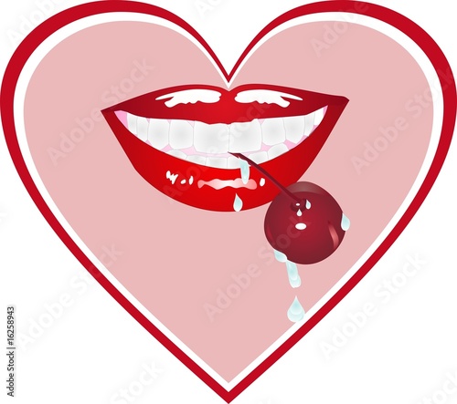 Lucious lips, holding a cherry in her teeth, on a heart.
