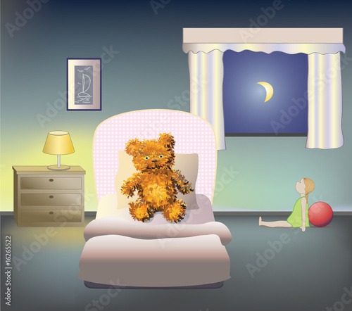 Good night bear, bedroom at night with toys