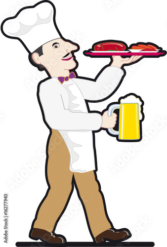Chef with a mug of beer and food tray