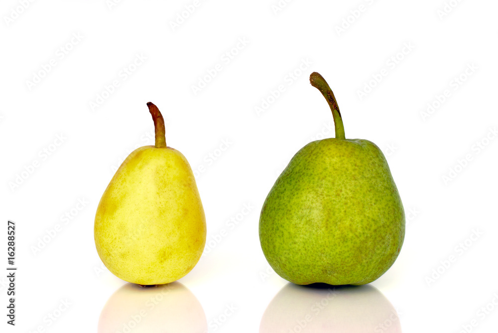Green pear and yellow pear before white background Green pear and yellow pear before white background