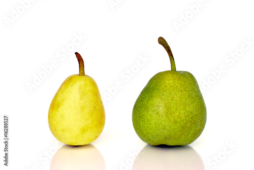 Green pear and yellow pear before white background