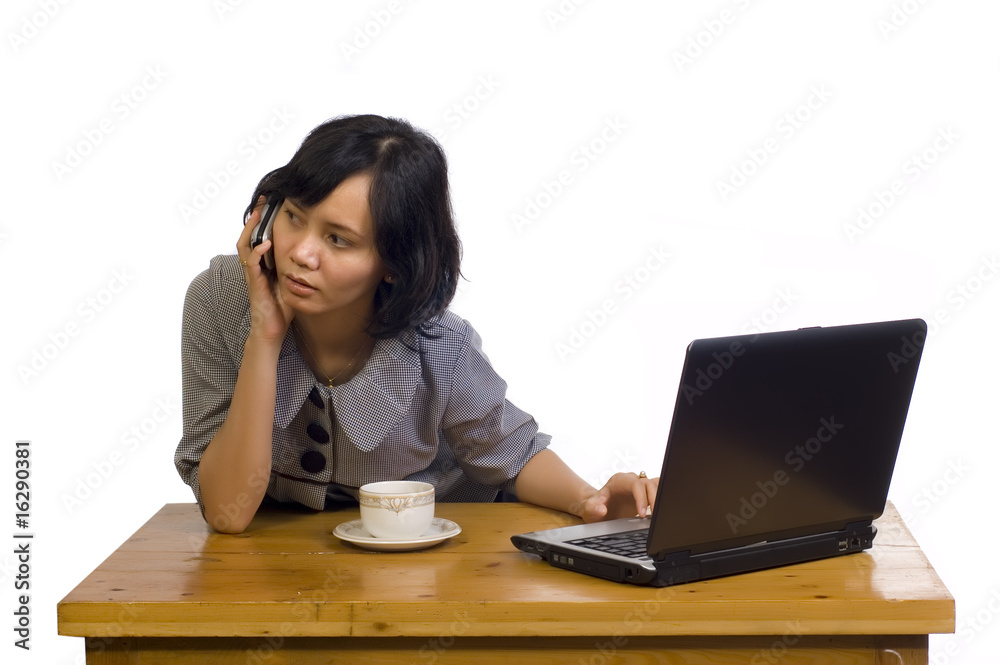 Business Woman Talking on Cell Phone While Drink Coffee Business Woman Talking on Cell Phone While Drink Coffee