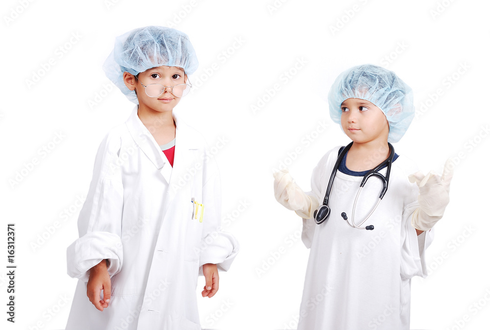 Two very cute children in white hospital clothes Two very cute children in white hospital clothes
