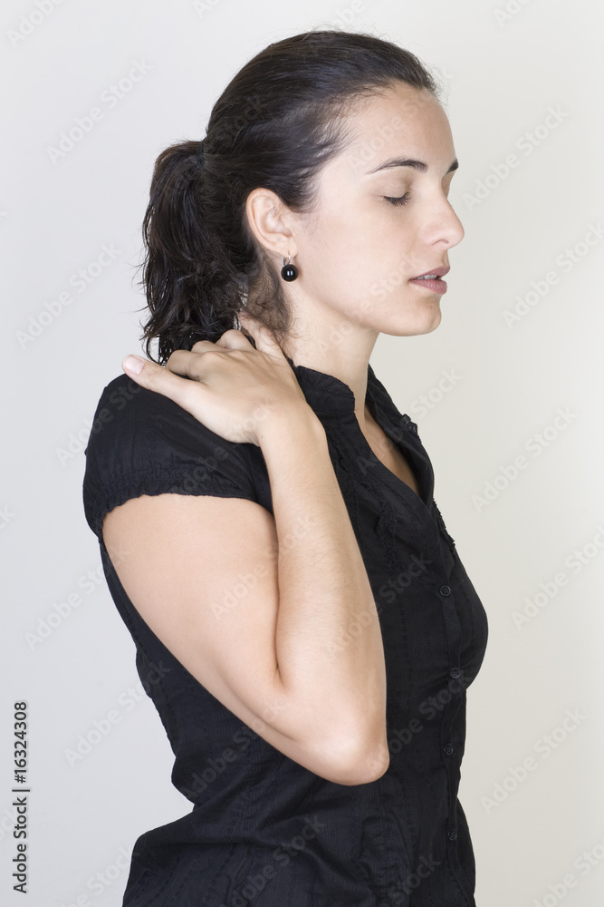 Young woman with backache isolated on white background Young woman with backache isolated on white background
