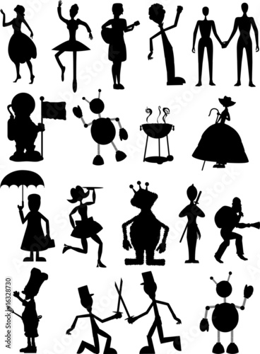 Silhouette of people, monsters and robots
