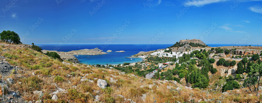 panorama view city of lindos, rhodes greece