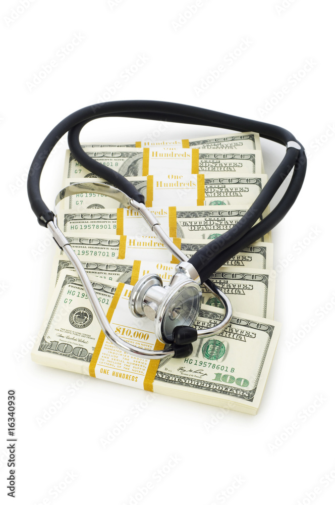 Concept of expensive healthcare with dollars and stethoscope Concept of expensive healthcare with dollars and stethoscope