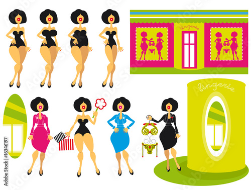 icons of woman and girl at lingerie shopping , different figure