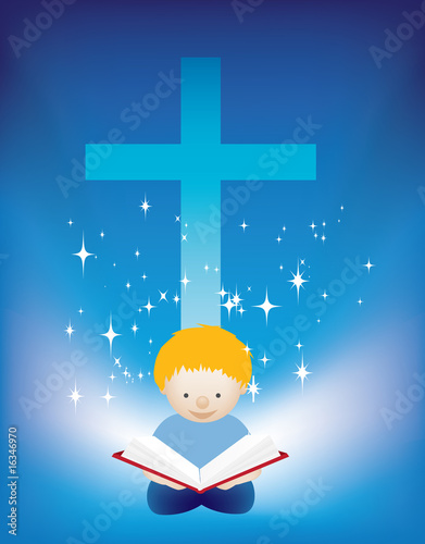 illustration of a small child reading the bible