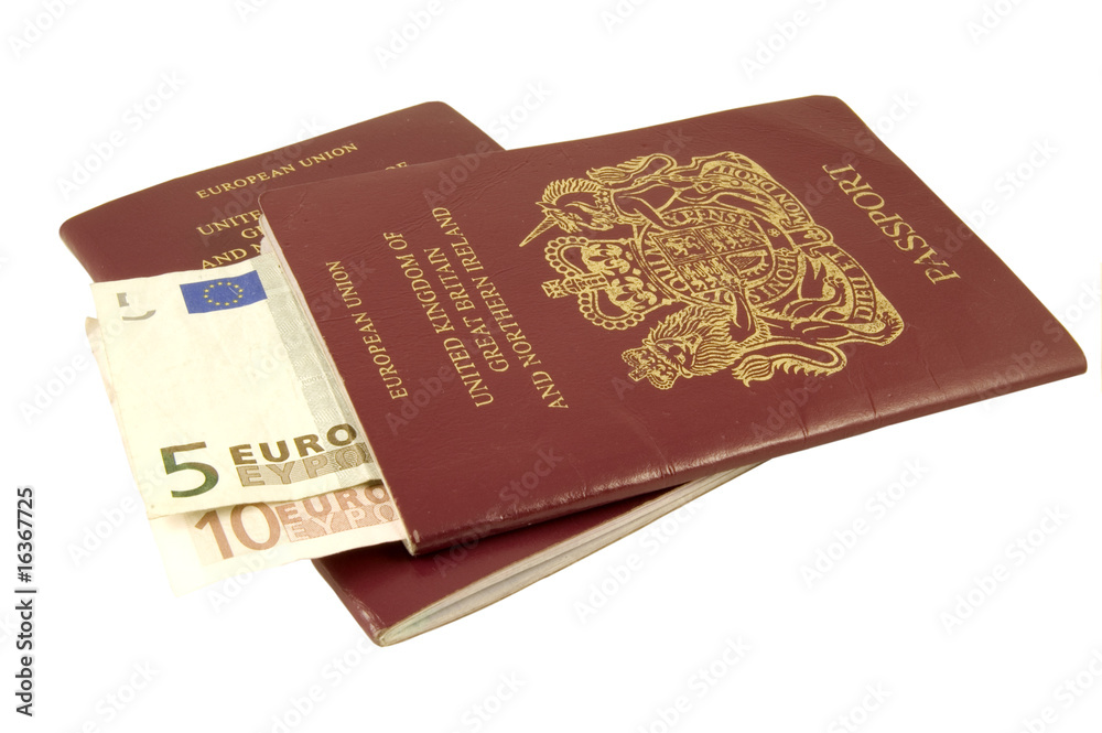 two passports and euro notes isolated on white background two passports and euro notes isolated on white background