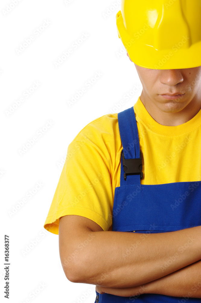 Worker pull hardhat over his eyes Worker pull hardhat over his eyes
