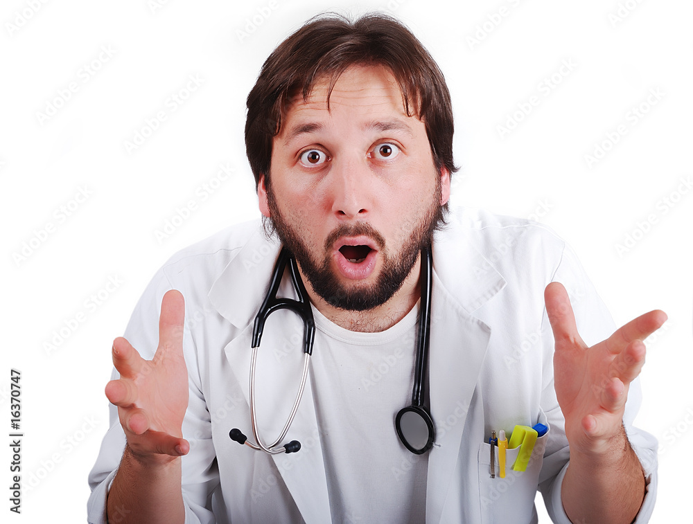 Young male doctor with very surprised face Young male doctor with very surprised face