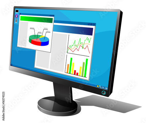 Black LCD monitor with graphs on the screen isolated