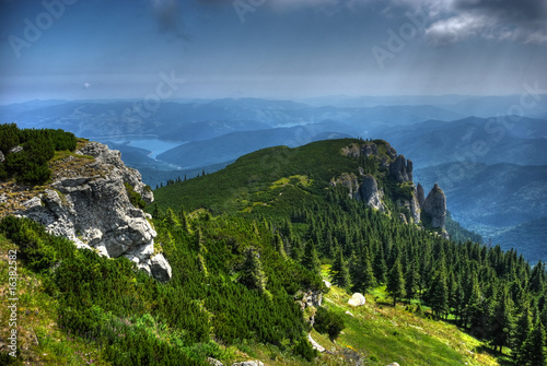 Well known Detunatele stones and Bicaz lake in Ceahlau. HDR photo